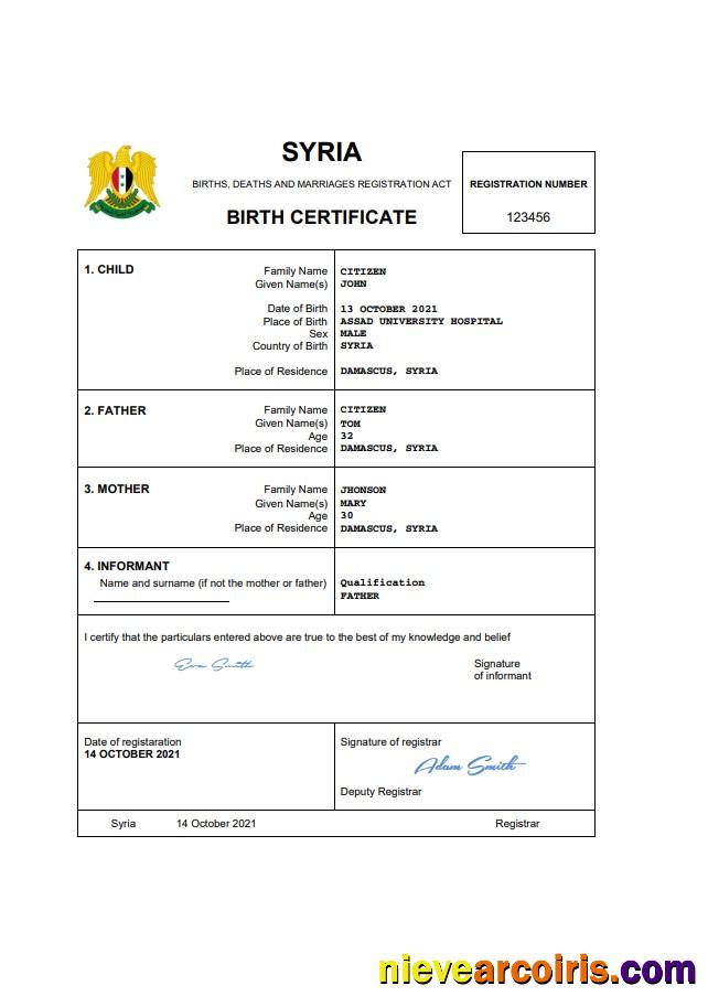 Syria birth certificate